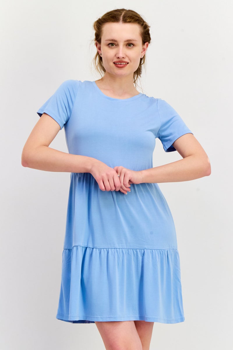 ONLY Women Plain Short Sleeve Mini Dress, Blue - Image 1