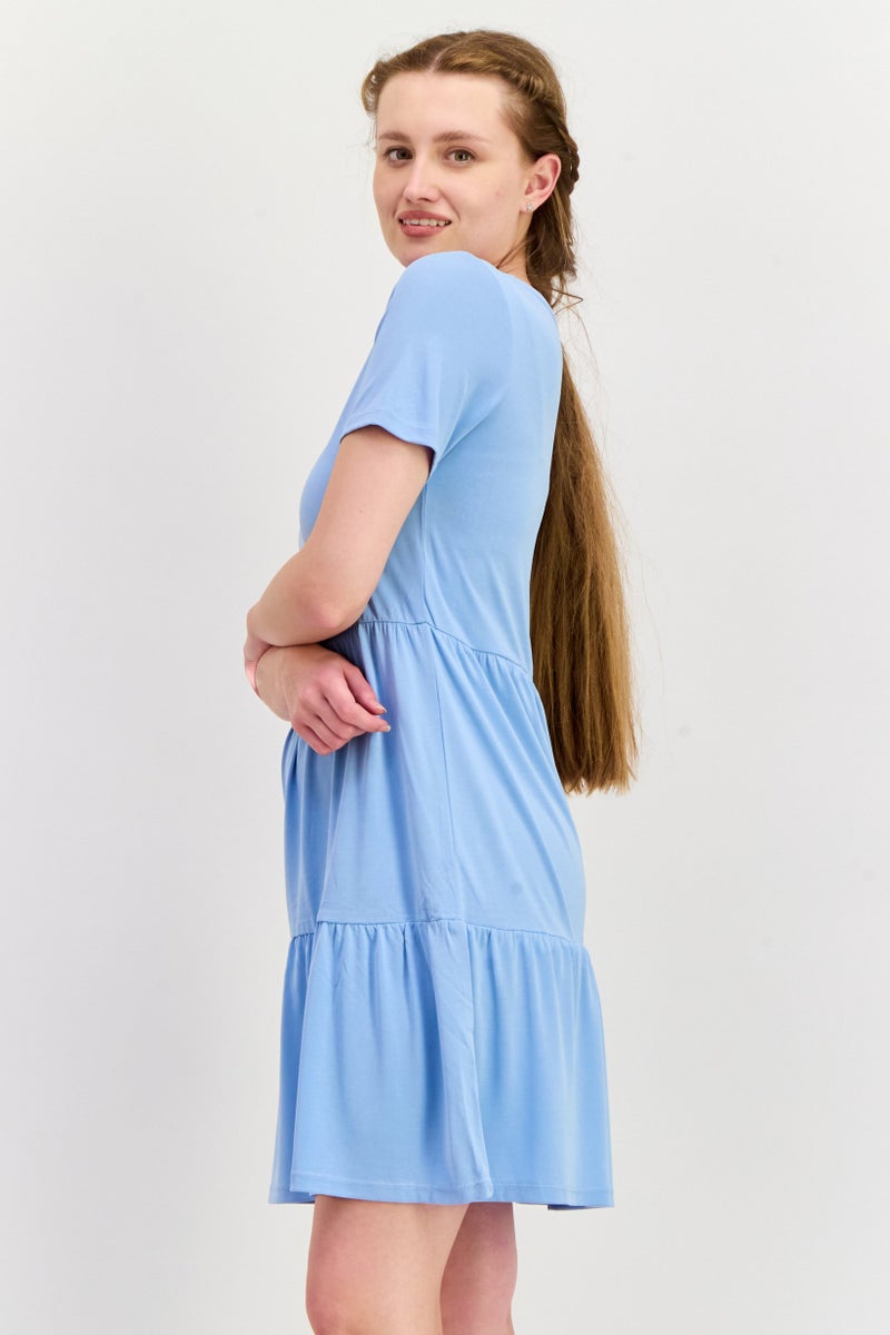 ONLY Women Plain Short Sleeve Mini Dress, Blue - Image 2