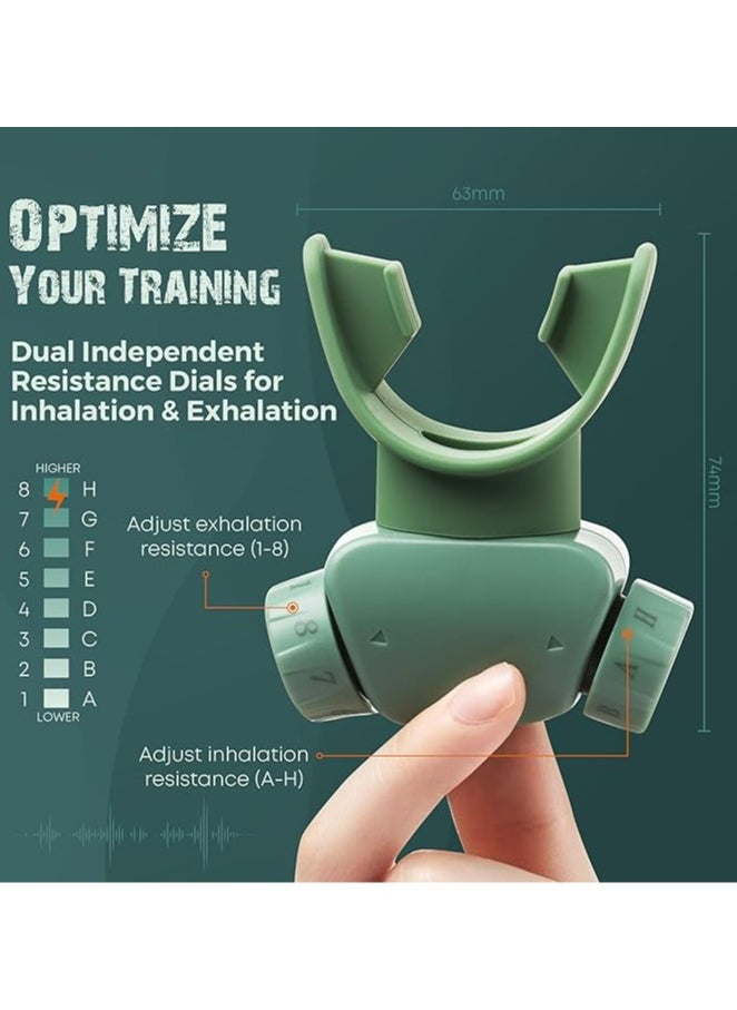 Adjustable breathing trainer, hand-held breathing trainer with double mouthpiece, independent resistance setting for enhanced breathing technique