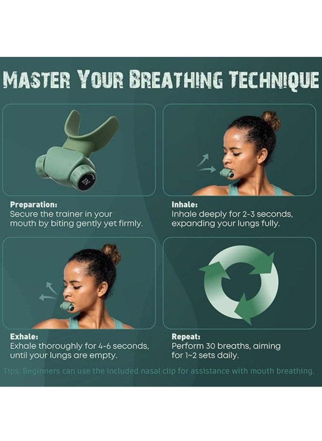 Adjustable breathing trainer, hand-held breathing trainer with double mouthpiece, independent resistance setting for enhanced breathing technique