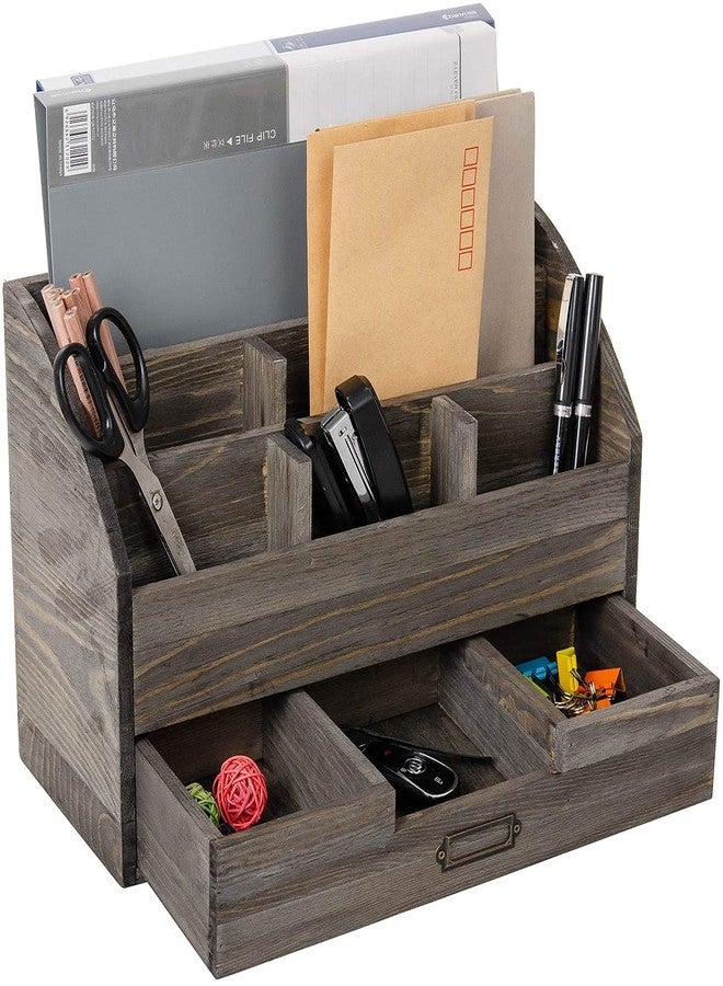 VERGOODR Rustic Wood Desk Organizer and Storage with Drawer and Pen Holder Bill Mail Organizer and Mail Holder for Countertop Kitchen Desk Decorative & Workspace Organizers(Rock Grey) - Image 1