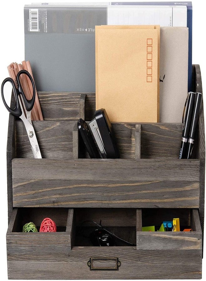 VERGOODR Rustic Wood Desk Organizer and Storage with Drawer and Pen Holder Bill Mail Organizer and Mail Holder for Countertop Kitchen Desk Decorative & Workspace Organizers(Rock Grey) - Image 2