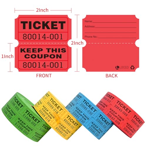 L LIKED 4000 Pairs Double Raffle Tickets - 4 Assorted Colors (Blue, Yellow, Red, Green), 1000 Tickets per Roll for Events, Fundraisers & Parties - Image 2