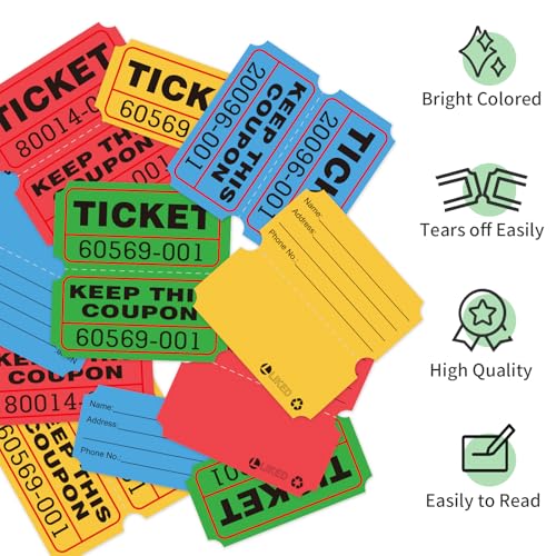 L LIKED 4000 Pairs Double Raffle Tickets - 4 Assorted Colors (Blue, Yellow, Red, Green), 1000 Tickets per Roll for Events, Fundraisers & Parties - Image 4