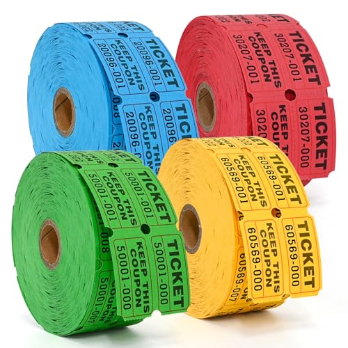 L LIKED 4000 Pairs Double Raffle Tickets - 4 Assorted Colors (Blue, Yellow, Red, Green), 1000 Tickets per Roll for Events, Fundraisers & Parties - Image 1