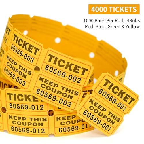 L LIKED 4000 Pairs Double Raffle Tickets - 4 Assorted Colors (Blue, Yellow, Red, Green), 1000 Tickets per Roll for Events, Fundraisers & Parties - Image 3