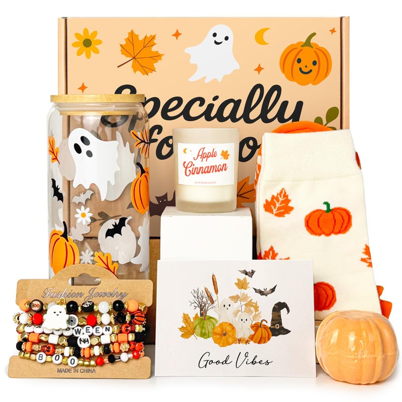 Halloween Gifts for Women Boo Basket Stuffers for Teens Girls Adults Fall Gifts Spa Gift Set for Sister Friend with Cute Pumpkin Spooky 16oz Glass Cup