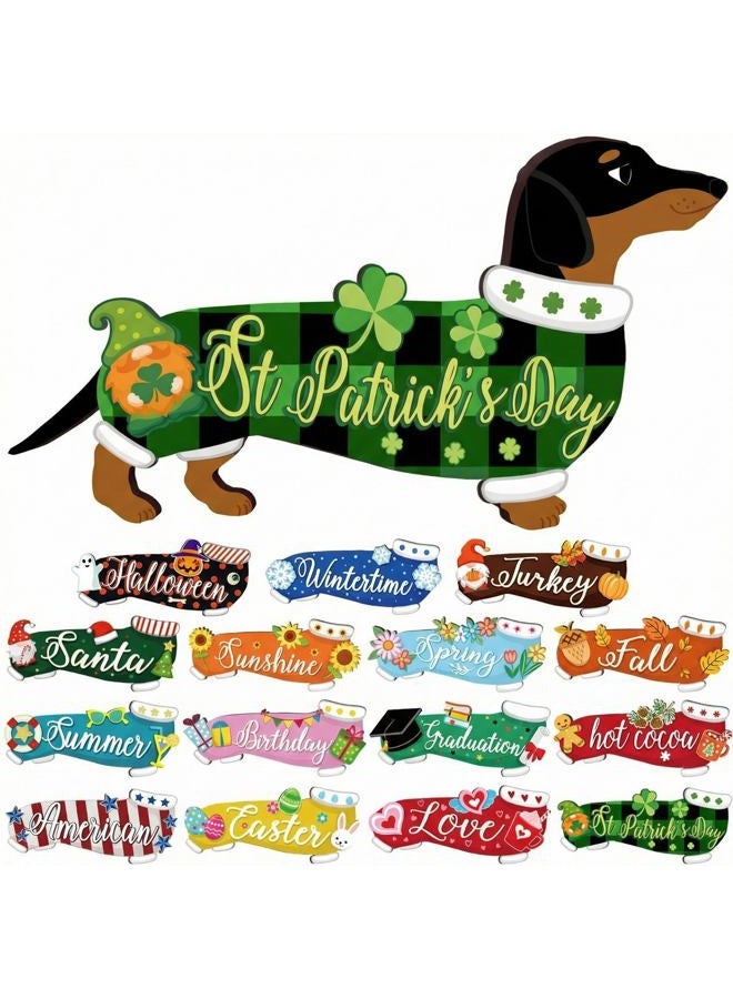 Barydat 16 Pcs Interchangeable Dog Welcome Sign Lovely Seasonal Front Door Decoration,Wooden Rustic Holiday Door Wall Decor for Independence Day Summer Fall Halloween Christmas(Dog) - Image 1