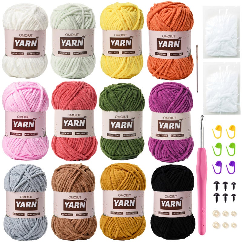 OMoiut 12 Pack Chenille Velvet Yarn Baby Yarn for Crocheting Soft Amigurumi Yarn Set with 600g787yd Crochet Yarn Crochet HookStitch MarkersFluffy StuffingAccessories C - Image 2