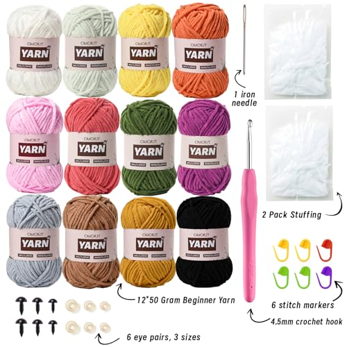 OMoiut 12 Pack Chenille Velvet Yarn Baby Yarn for Crocheting Soft Amigurumi Yarn Set with 600g787yd Crochet Yarn Crochet HookStitch MarkersFluffy StuffingAccessories C - Image 3