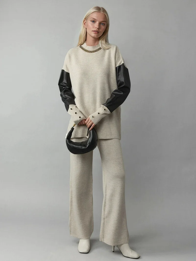 My Fashion Stone Natural MY FASHION Faux Leather Detailed Sweater for Women | Best Price UAE