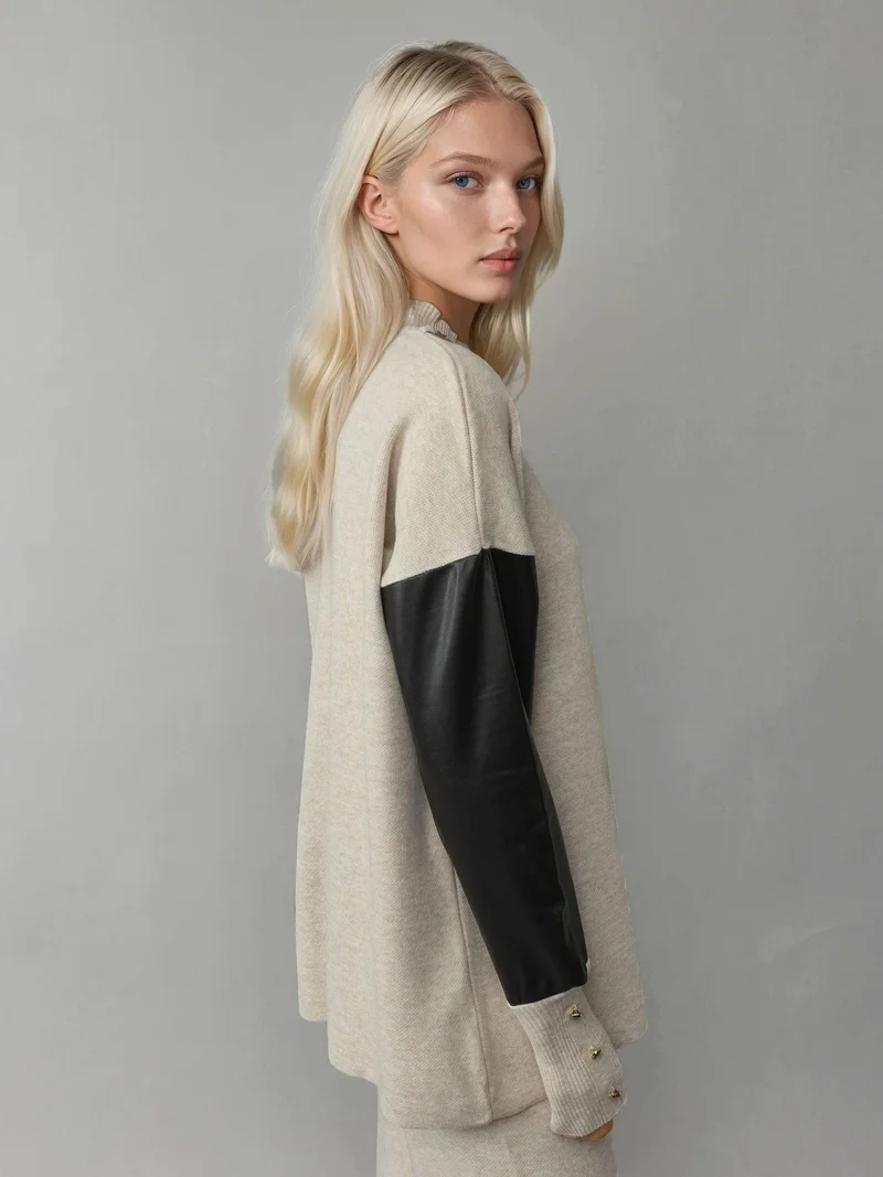 My Fashion Stone Natural MY FASHION Faux Leather Detailed Sweater for Women | Best Price UAE