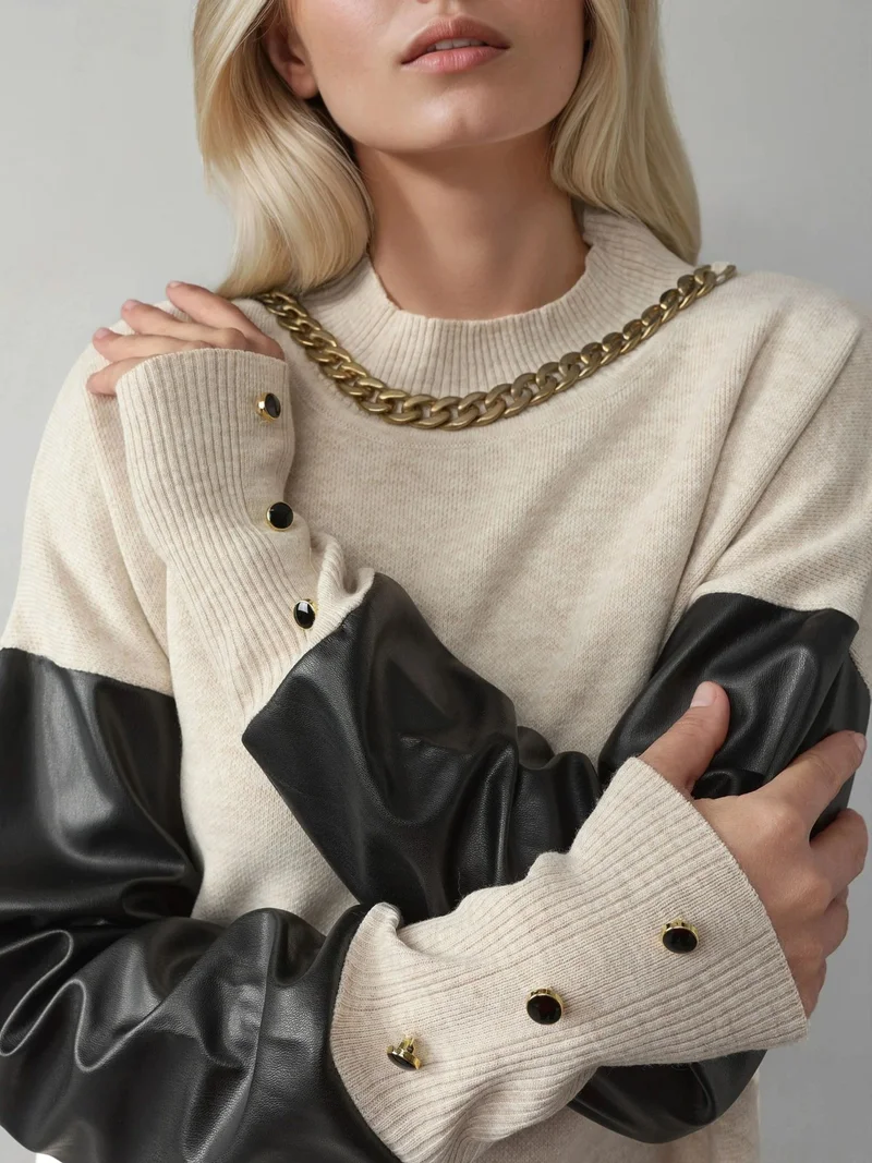 My Fashion Stone Natural MY FASHION Faux Leather Detailed Sweater for Women | Best Price UAE