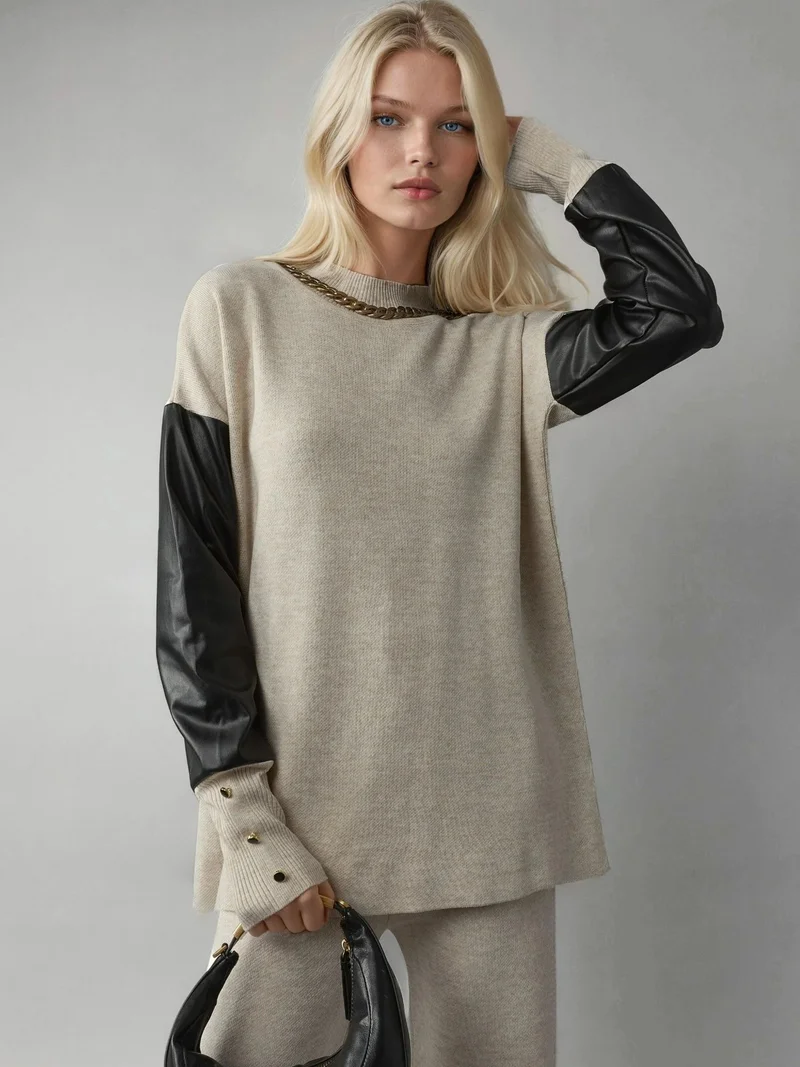 MY FASHION MY FASHION Faux Leather Detailed Sweater