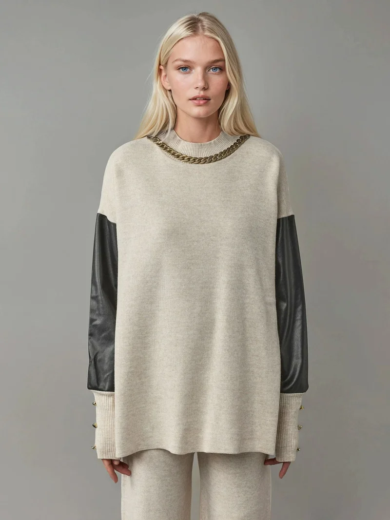 My Fashion Stone Natural MY FASHION Faux Leather Detailed Sweater for Women | Best Price UAE