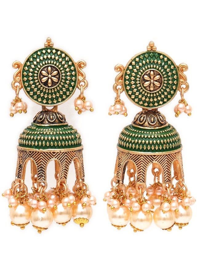 Karatcart Antique Gold Plated Green Tomb Style with Golden Pearl Jhumki Earrings for Women - Image 1