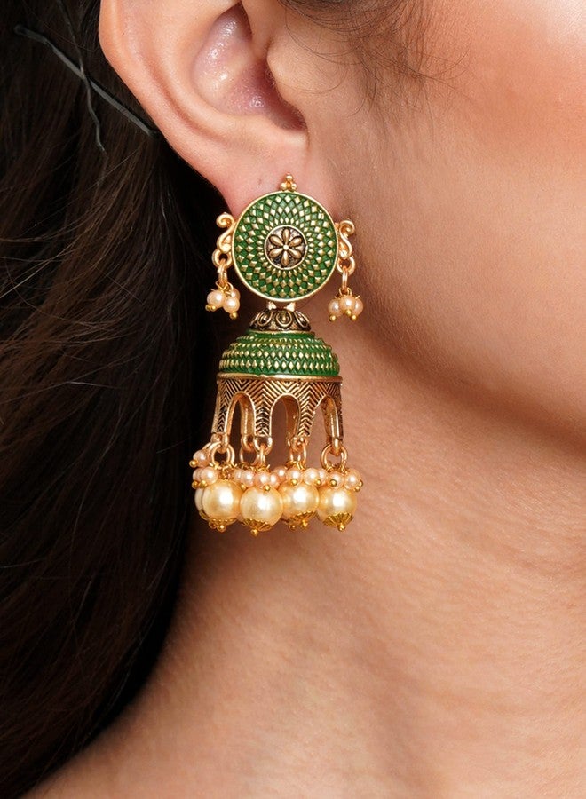Karatcart Antique Gold Plated Green Tomb Style with Golden Pearl Jhumki Earrings for Women - Image 2