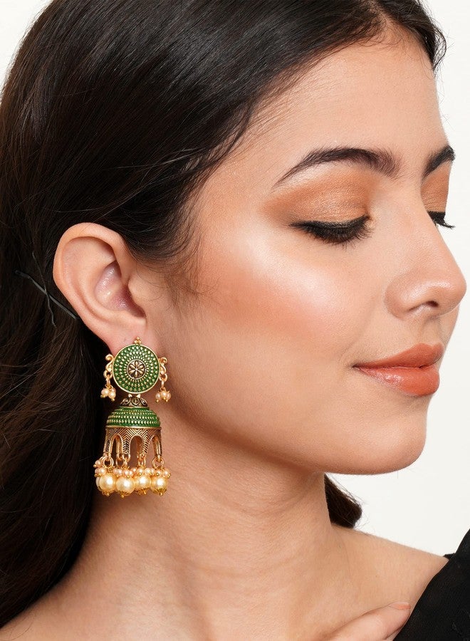 Karatcart Antique Gold Plated Green Tomb Style with Golden Pearl Jhumki Earrings for Women - Image 3