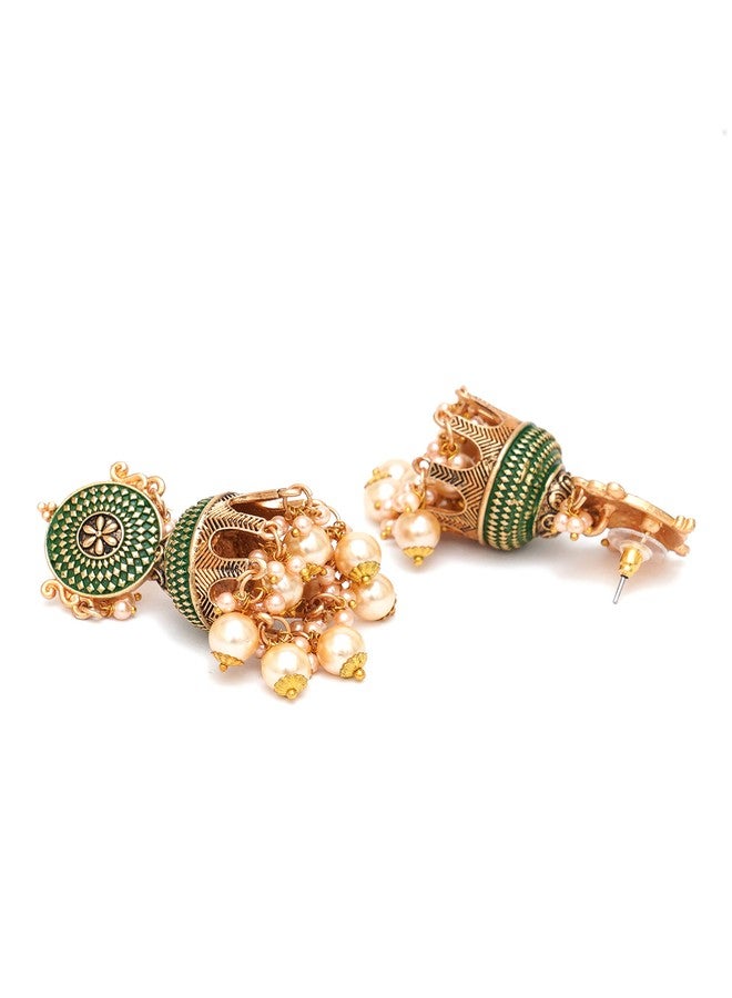 Karatcart Antique Gold Plated Green Tomb Style with Golden Pearl Jhumki Earrings for Women - Image 5
