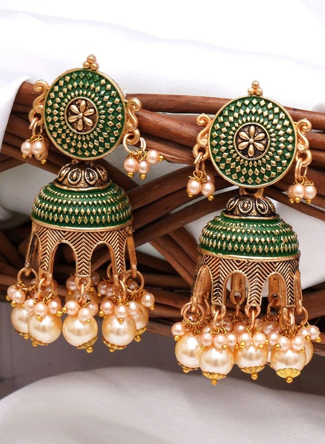 Karatcart Antique Gold Plated Green Tomb Style with Golden Pearl Jhumki Earrings for Women - Image 4