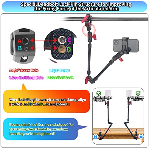 JEBUTU 22" Magic Arm w Clamp Mount, Overhead Desk Phone Mount Stand, Adjustable Articulating Friction Camera Boom Arm w 1/4" Thread for Phone Video Light Webcam Action Camera Tripod Mic - Image 2