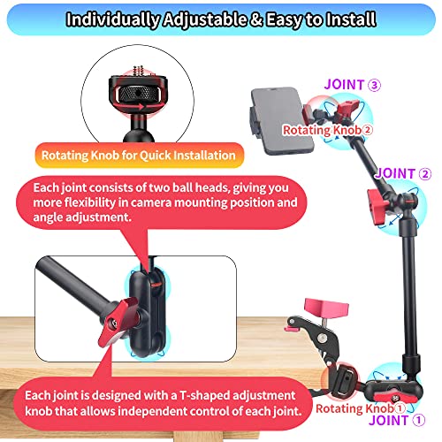 JEBUTU 22" Magic Arm w Clamp Mount, Overhead Desk Phone Mount Stand, Adjustable Articulating Friction Camera Boom Arm w 1/4" Thread for Phone Video Light Webcam Action Camera Tripod Mic - Image 3