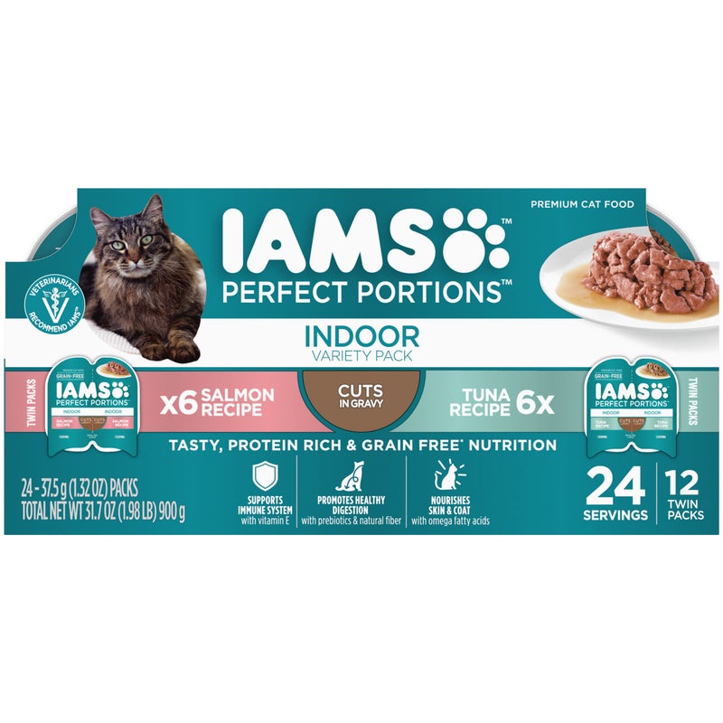 IAMS Perfect Portions Indoor Adult Wet Cat Food Cuts in Gravy Variety Pack, Salmon and Tuna Recipes, 2.6 oz. Easy Peel Twin-Pack Trays (12 Count, 24 Servings) - Image 1