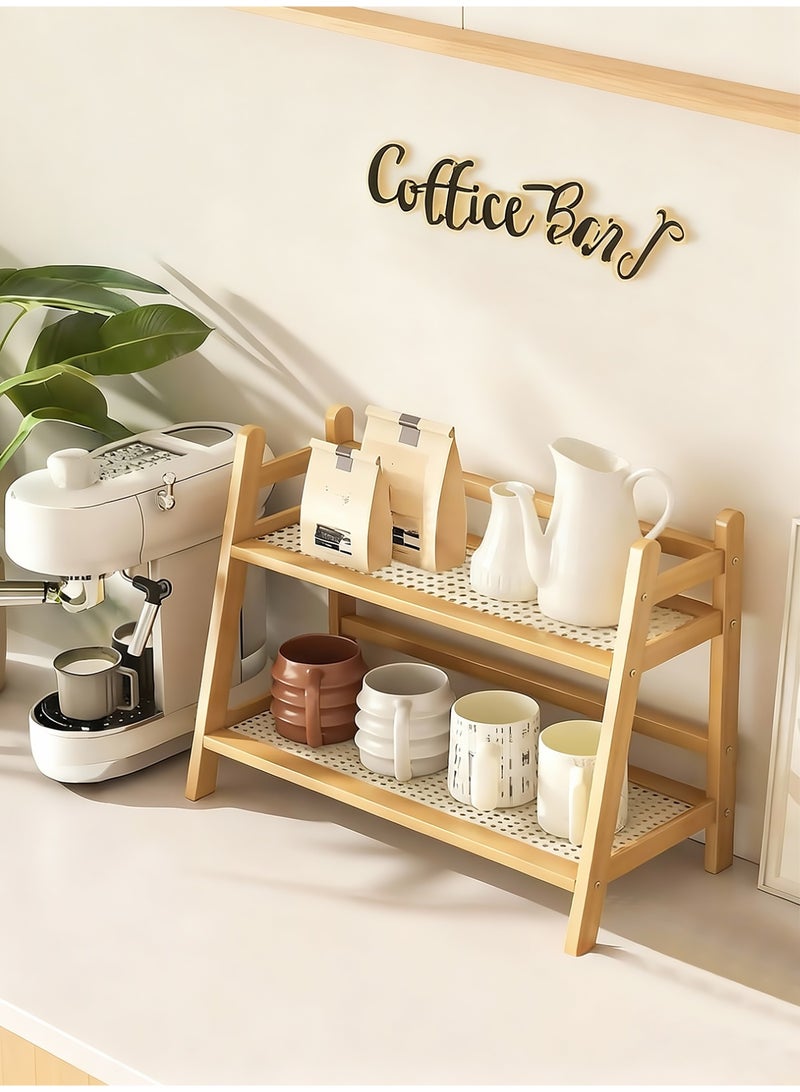 هومار كيت منظم لمحطة القهوة بمظهر خوص من طبقتين، حامل أكواب من الخيزران على سطح الطاولة، رف لطاولة المطبخ لإكسسوارات بار الشاي والقهوة، حامل ماتشا، عرض الأكواب، رف تخزين التوابل - Image 1