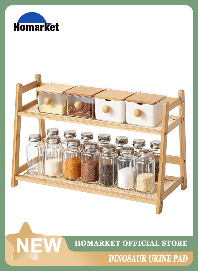 هومار كيت منظم لمحطة القهوة بمظهر خوص من طبقتين، حامل أكواب من الخيزران على سطح الطاولة، رف لطاولة المطبخ لإكسسوارات بار الشاي والقهوة، حامل ماتشا، عرض الأكواب، رف تخزين التوابل - Image 2