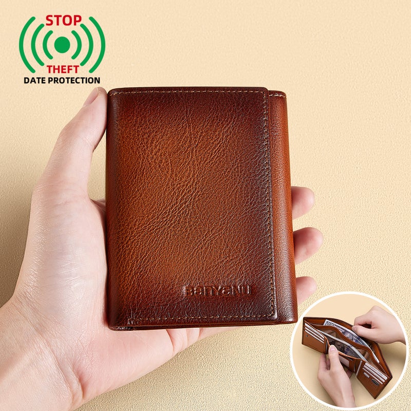 banyanu Men's Genuine Leather Tri-Fold Wallet with ID Window, 11 Card Slots, and 2 Bill Pockets; RFID Anti-Theft; Black Leather Lining - Image 4