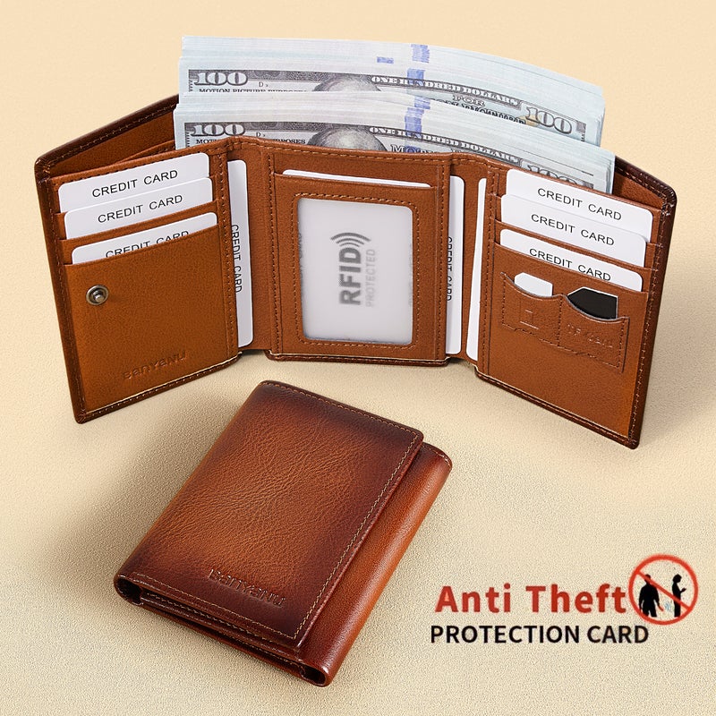 banyanu Men's Genuine Leather Tri-Fold Wallet with ID Window, 11 Card Slots, and 2 Bill Pockets; RFID Anti-Theft; Black Leather Lining - Image 3
