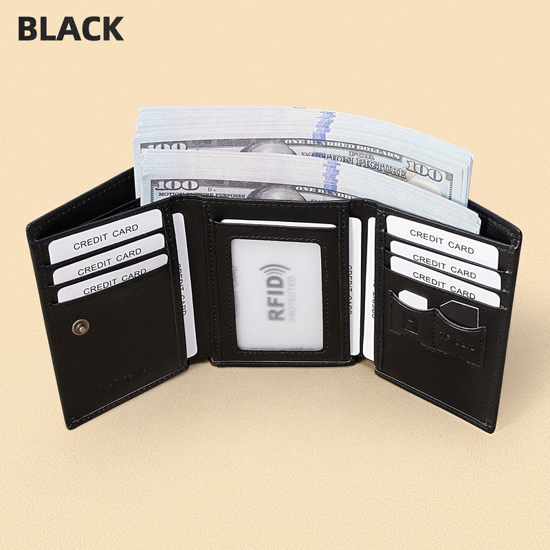 banyanu Men's Genuine Leather Tri-Fold Wallet with ID Window, 11 Card Slots, and 2 Bill Pockets; RFID Anti-Theft; Black Leather Lining - Image 1