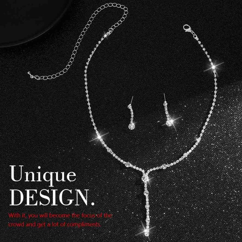 Unicra Rhinestone Bride Necklace Earrings Set Silver Crystal Bridal Wedding Jewelry Sets Prom Costume Jewelry Set Choker Necklace for Women and Brides (A Silver) - Image 5