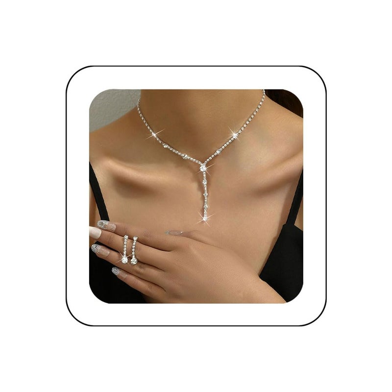 Unicra Rhinestone Bride Necklace Earrings Set Silver Crystal Bridal Wedding Jewelry Sets Prom Costume Jewelry Set Choker Necklace for Women and Brides (A Silver) - Image 1