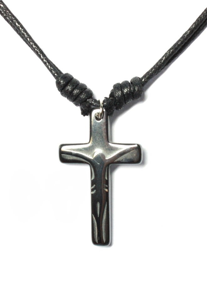 Bijoux de Ja Hematite Cool Crucifix Shadow Cross Pendant Black Cord Adjustable Sliding Knot Necklace 16-30" - Image 1