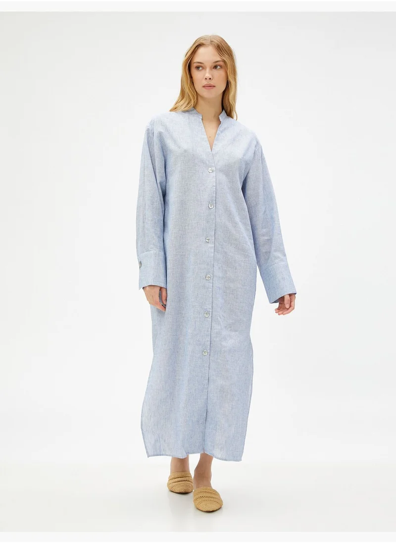 كوتون Long Shirt Dress Mandarin Neck Linen Blended
