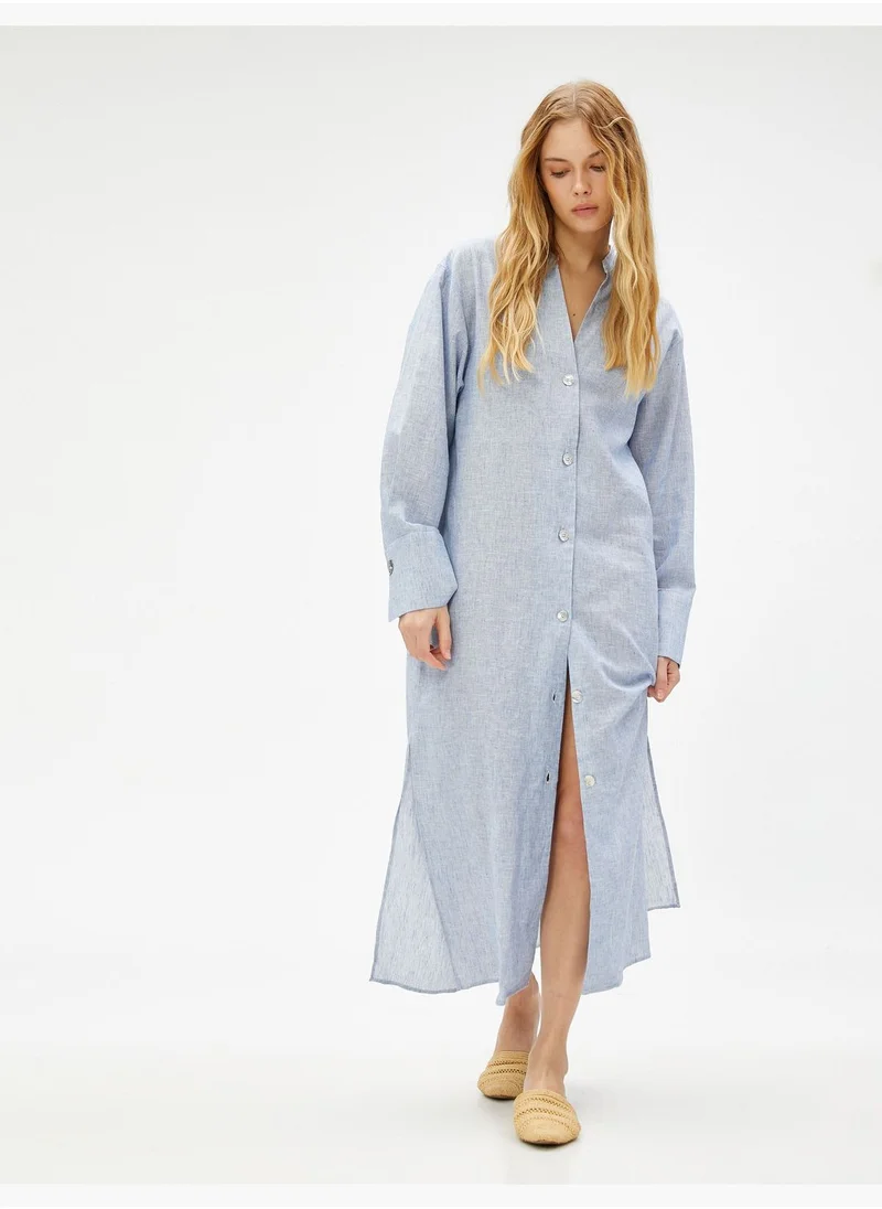 KOTON Long Shirt Dress Mandarin Neck Linen Blended