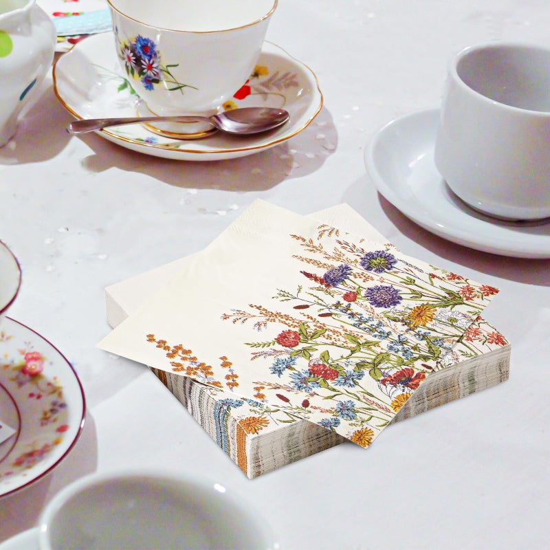 Hunanyume 100 Floral Paper Napkins  3 Ply Watercolor Disposable Cocktail Napkins Vintage Wild Flower Dinner Napkins  Decorative Beverage Hand Towels for Bathroom Wedding Baby Shower Birthday Party  - Image 3