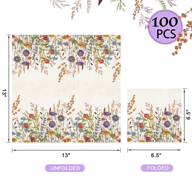 Hunanyume 100 Floral Paper Napkins  3 Ply Watercolor Disposable Cocktail Napkins Vintage Wild Flower Dinner Napkins  Decorative Beverage Hand Towels for Bathroom Wedding Baby Shower Birthday Party  - Image 2