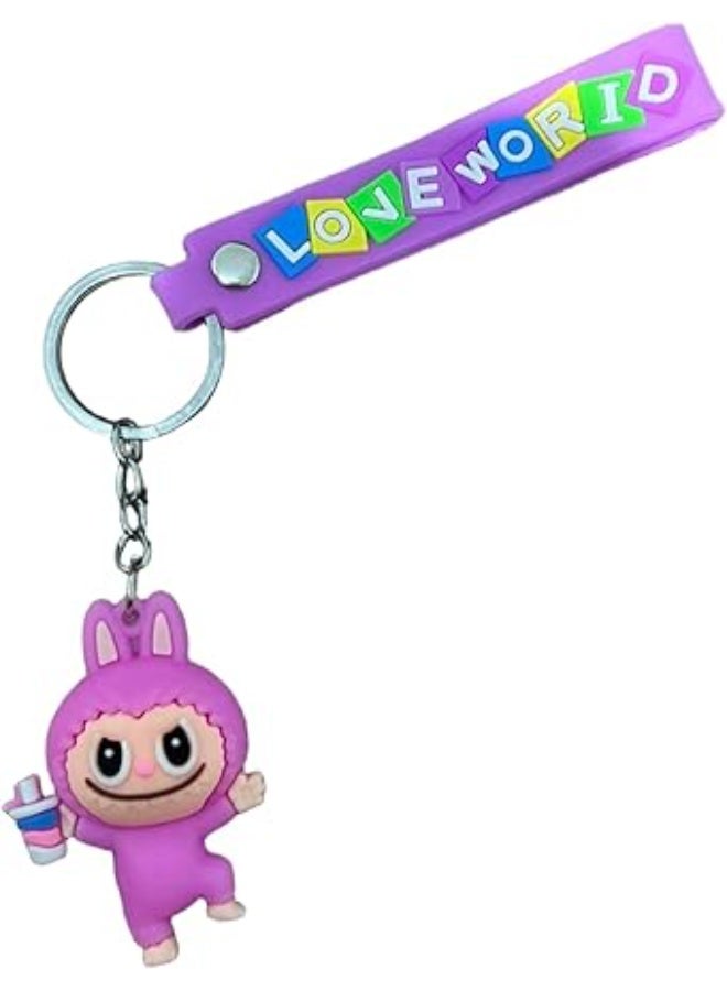 Cartoon character keychain with the phrase "Love World", colorful, for home and car