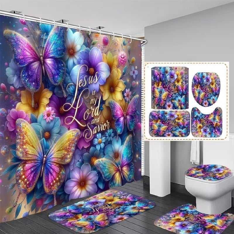 Y&D Luxury 3d  Printed Butterfly Waterproof Bathroom Shower Curtain Set With 3pcs Bath Mats Sets - Image 4