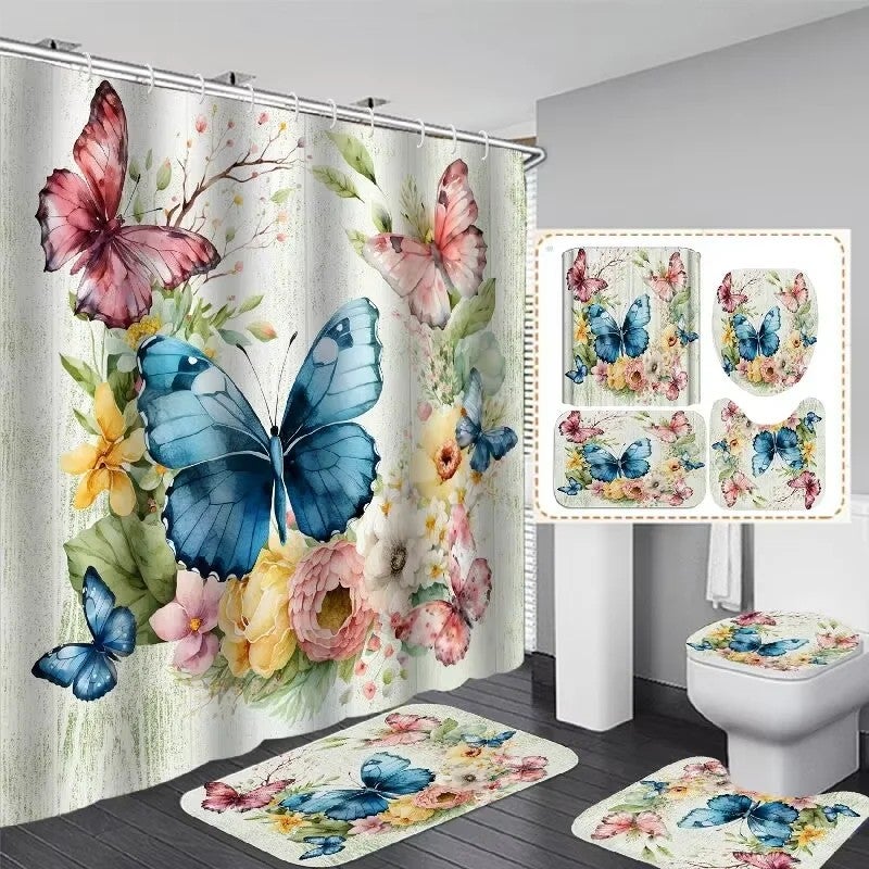 Y&D Luxury 3d  Printed Butterfly Waterproof Bathroom Shower Curtain Set With 3pcs Bath Mats Sets - Image 2
