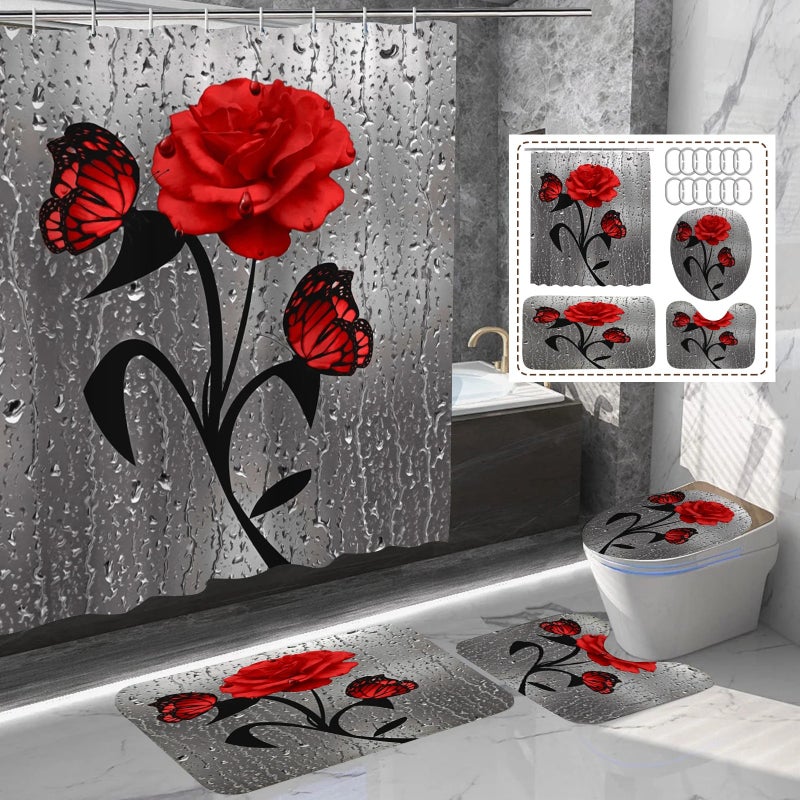 Y&D Luxury 3d  Printed Butterfly Waterproof Bathroom Shower Curtain Set With 3pcs Bath Mats Sets - Image 1