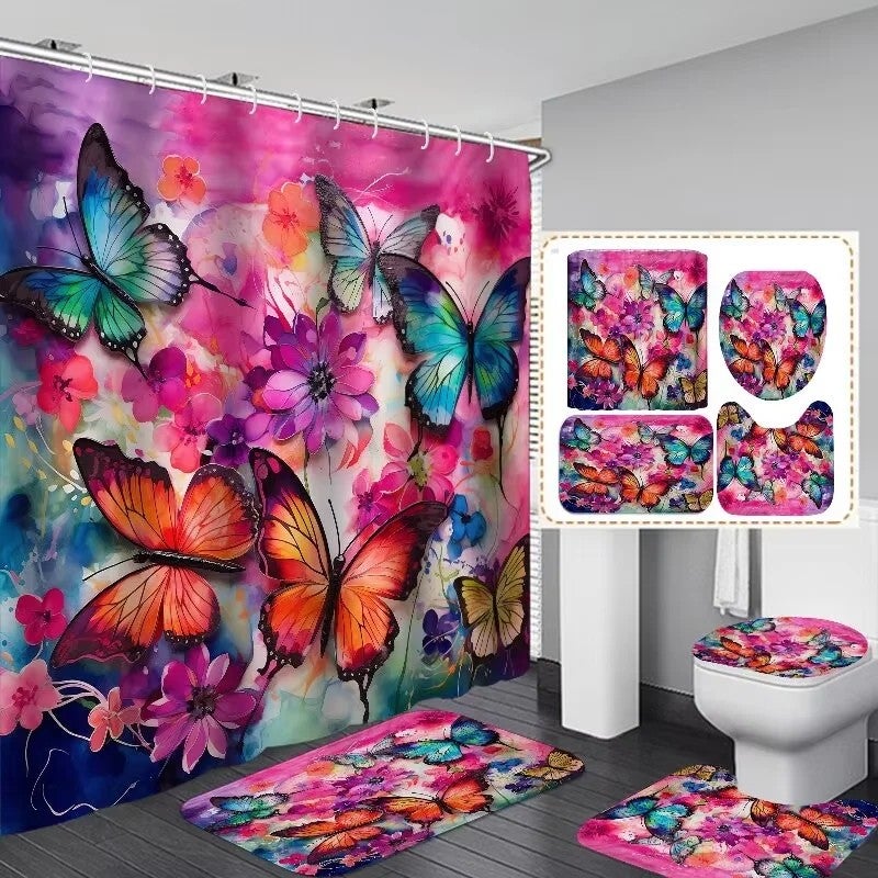 Y&D Luxury 3d  Printed Butterfly Waterproof Bathroom Shower Curtain Set With 3pcs Bath Mats Sets - Image 3