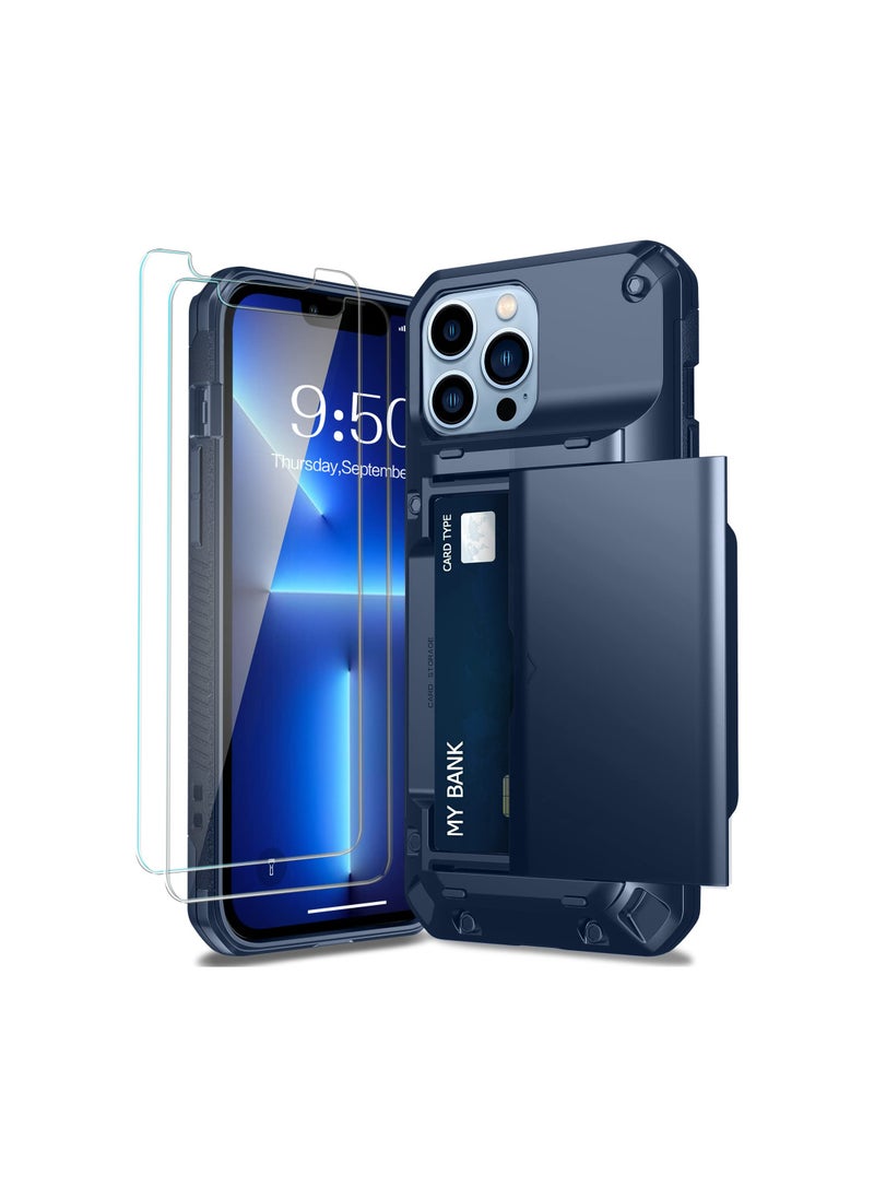 SYOSI - Mobile Case for iPhone 13 Pro Max, Protective Wallet Cover with 2Pcs Screen Protector, Semi-Auto Hidden Card Slot, Military Grade Drop Protection, 6.7 Inch, Blue - Image 1