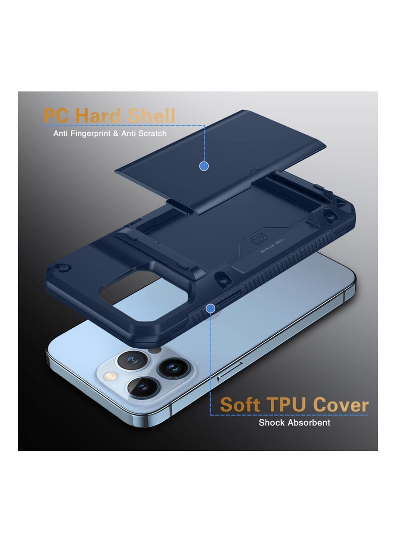 SYOSI - Mobile Case for iPhone 13 Pro Max, Protective Wallet Cover with 2Pcs Screen Protector, Semi-Auto Hidden Card Slot, Military Grade Drop Protection, 6.7 Inch, Blue - Image 1