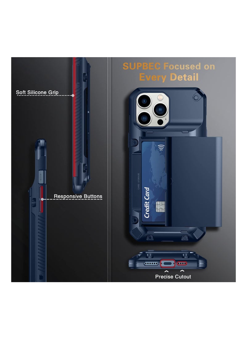 SYOSI - Mobile Case for iPhone 13 Pro Max, Protective Wallet Cover with 2Pcs Screen Protector, Semi-Auto Hidden Card Slot, Military Grade Drop Protection, 6.7 Inch, Blue - Image 1