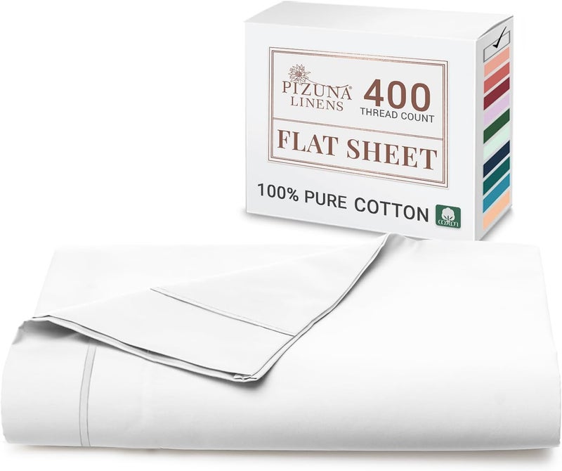 PIZUNA 100% Cotton Flat Sheet King Size 300x280 cm White 1 PC, 400 Thread Count Luxurious Long Staple Cotton Sateen Weave Bed Sheet White (ملاءة سرير مسطحة من القطن 100%) - Image 1