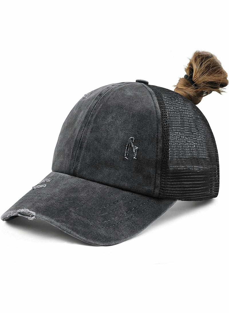 KASTWAVE Lady Trucker Hat, Cross Ponytail Hat, High Ponytail Hat, Women's Baseball Cap, Beanie(Black) - Image 1