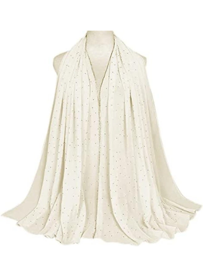2Pcs Cream Rhinestone Pearl Chiffon Hijab Scarf 180x70cm, Sparkling Gold Beaded Trim Muslim Women Head Wrap for Party & Daily Wear - Image 2